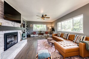 Smart TV, fireplace, books, music library