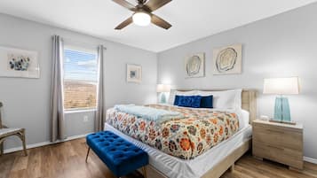 3 bedrooms, desk, iron/ironing board, travel cot