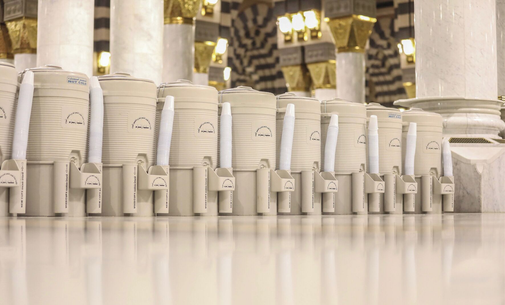 A row of beige, cylindrical objects with white caps, each labeled "NOT COLD," arranged in a line on a reflective surface.