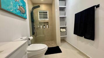 Shower, hair dryer, towels, soap