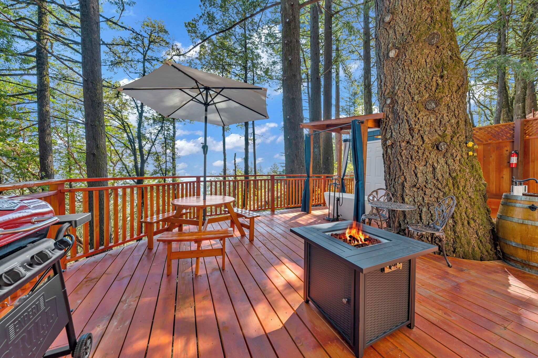 Eine Holterrasse mit Grill, Sitzgelegenheiten im Freien und einer Feuerstelle.