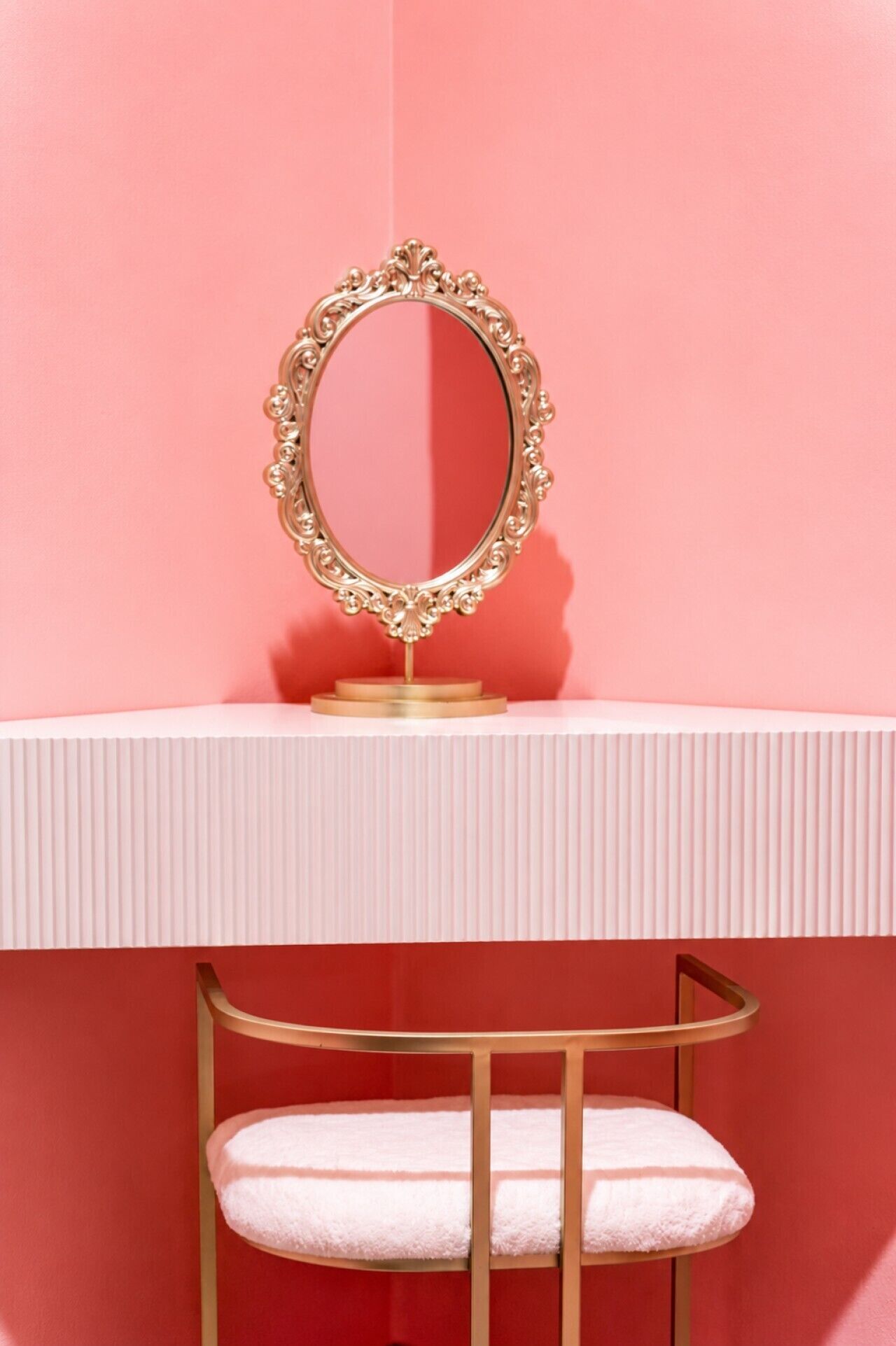 Un mobile da toilette con uno specchio dorato, un piano di lavoro bianco e uno sgabello dorato.