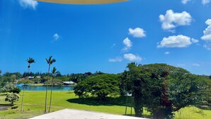 A panoramic view of a lush green landscape with a clear blue sky, a lake, and a few buildings in the distance. - Hilo Studio Retreat with Gorgeous Park View, AC, WiFi, Pool (Hilo)