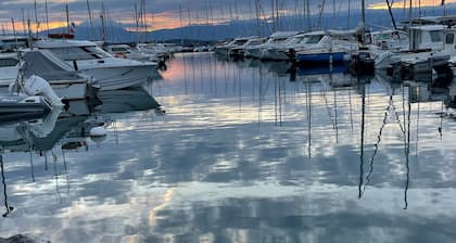 Wohnwagen 'Les Bord Du Lac Léman' mit Seeblick, gemeinsamer Terrasse und privatem Garten