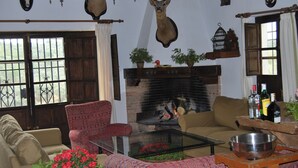 A living room with a fireplace, patterned furniture, and mounted animal heads. - Villa 'La Priorita' with Mountain View, Wi-Fi and Air Conditioning (Córdoba)