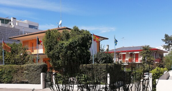 A residential area with houses, satellite dishes, and flags.