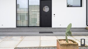 Un edificio moderno con una puerta negra, una ventana pequeña y una planta en maceta en los escalones.