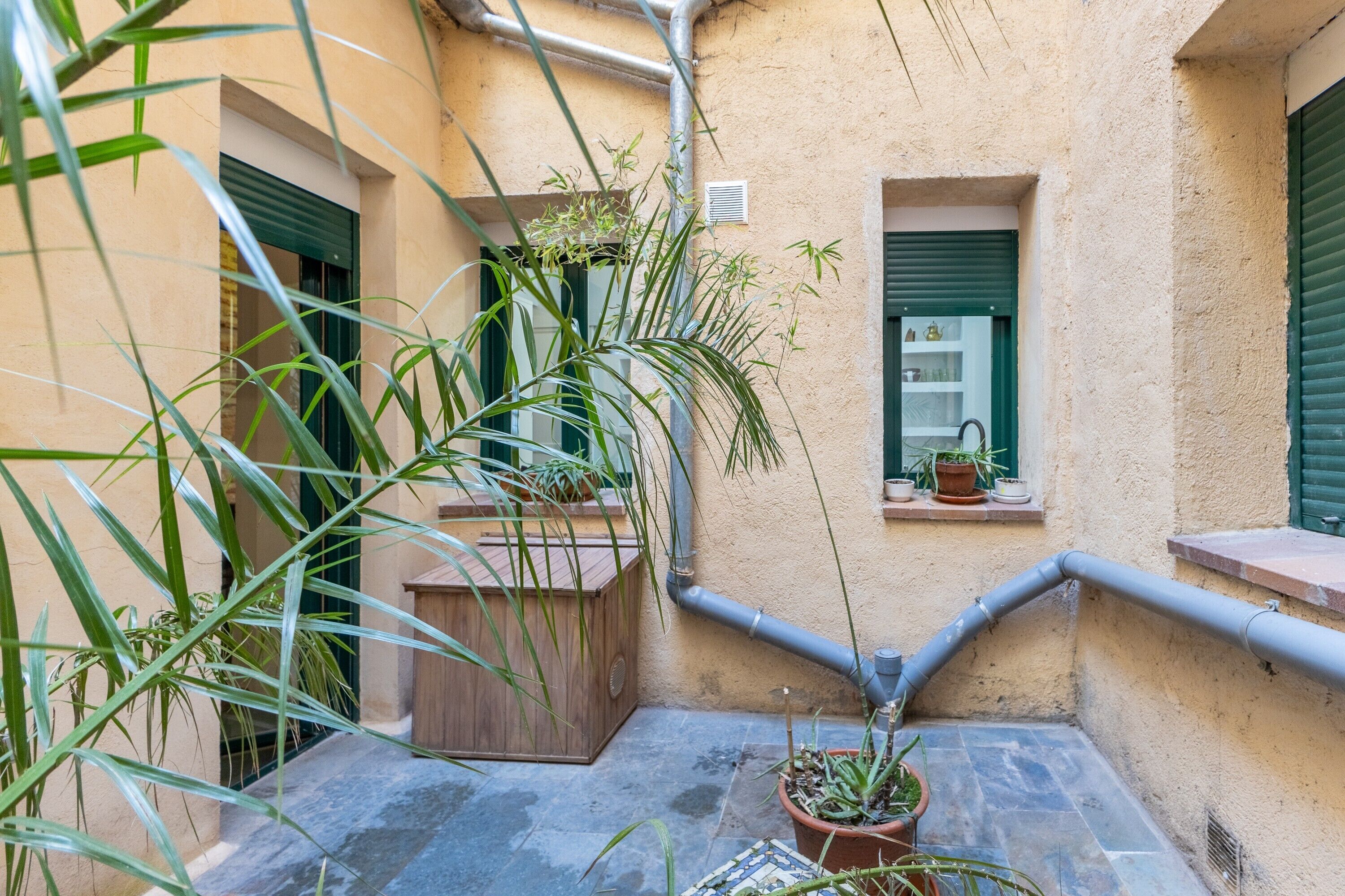 A narrow courtyard with potted plants, a wooden box, and a window with green shutters.
