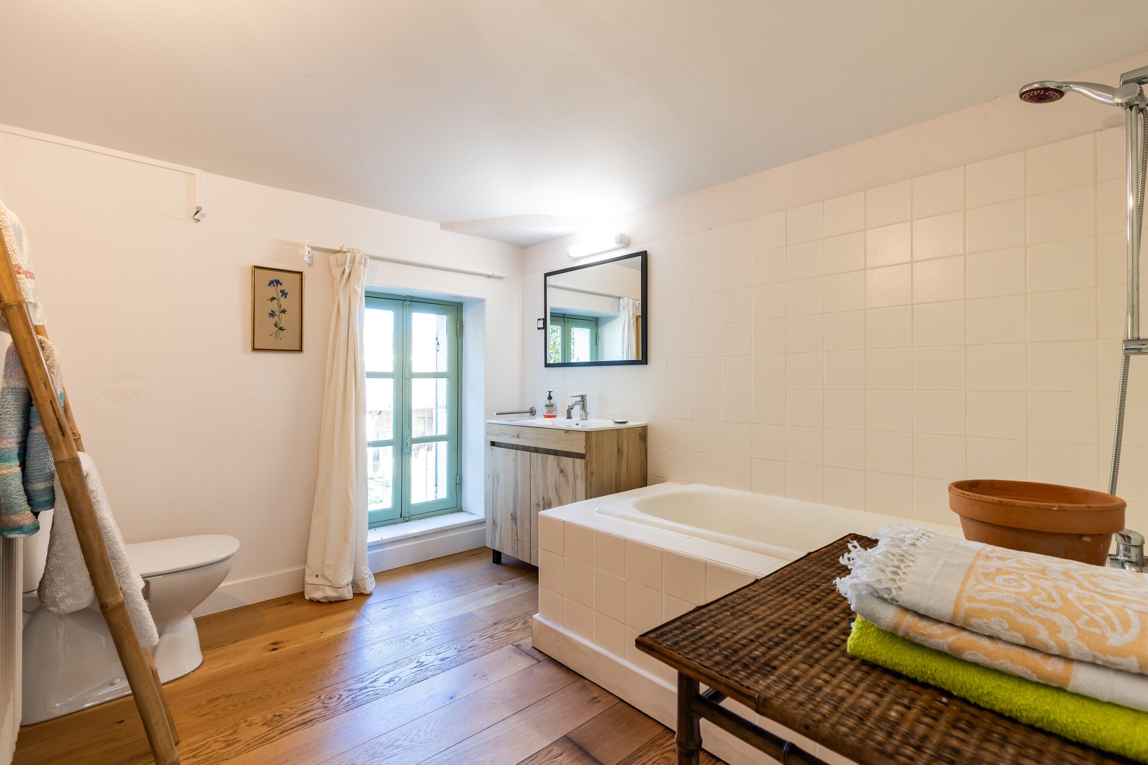 Ein Badezimmer mit Toilette, einem Fenster mit Blick, einer Badewanne und einem Spiegel.