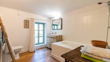 Ein Badezimmer mit Toilette, einem Fenster mit Blick, einer Badewanne und einem Spiegel.