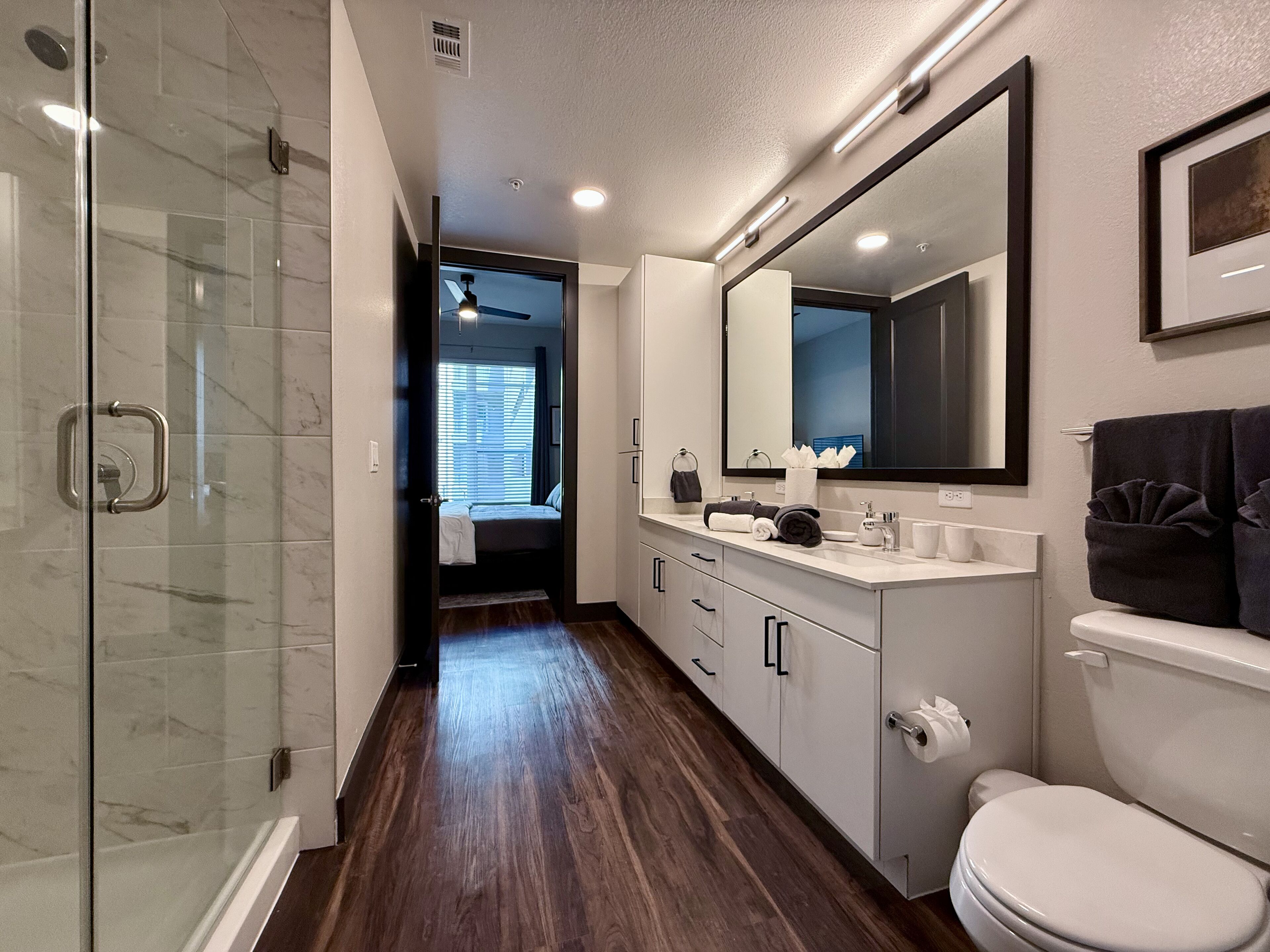 Shower, towels, soap, shampoo