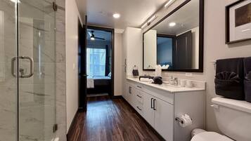 Shower, towels, soap, shampoo