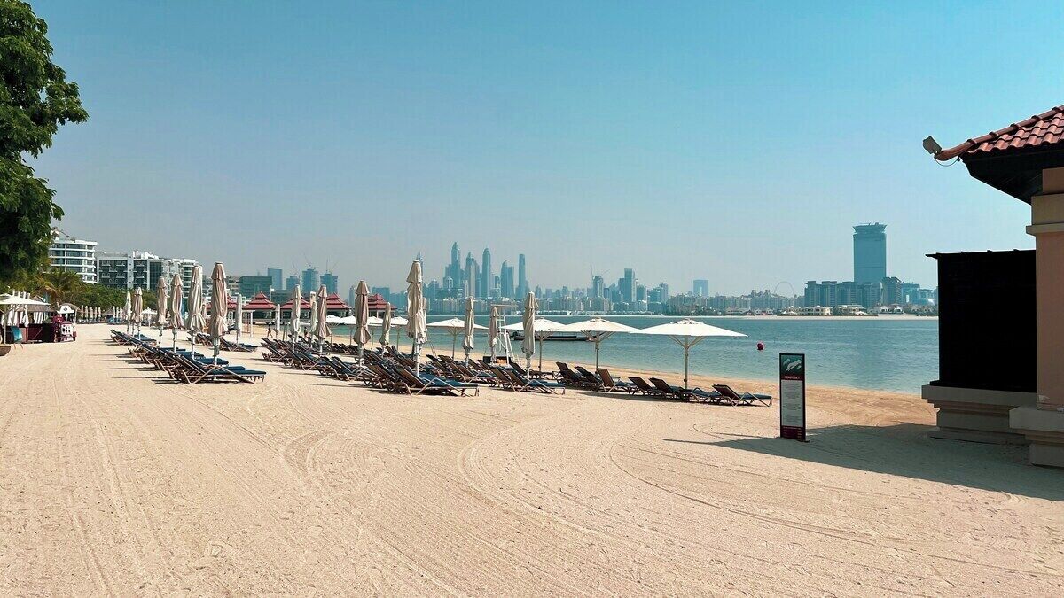Een strand met rijen ligbedden en parasols, met in de verte een helder uitzicht op de skyline van de stad en een rustige zee.