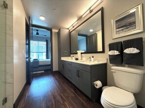 Hair dryer, towels, shampoo, toilet paper