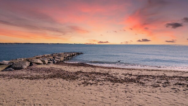 Una playa con un rompeolas rocoso y una vista despejada del mar.