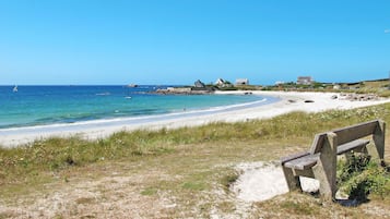 A beach with a bench, clear blue sky, and houses in the background.