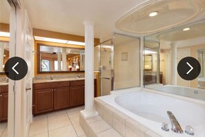 Shower, jetted bath, hair dryer, towels