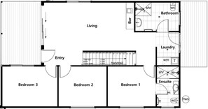 A floor plan with three bedrooms, a living area, a bar, a bathroom, a laundry room, and an ensuite bathroom. - 38 Atkinson Cres, Aldinga Beach - 3BR Retro Charm: Beach House Getaway (Aldinga Beach)
