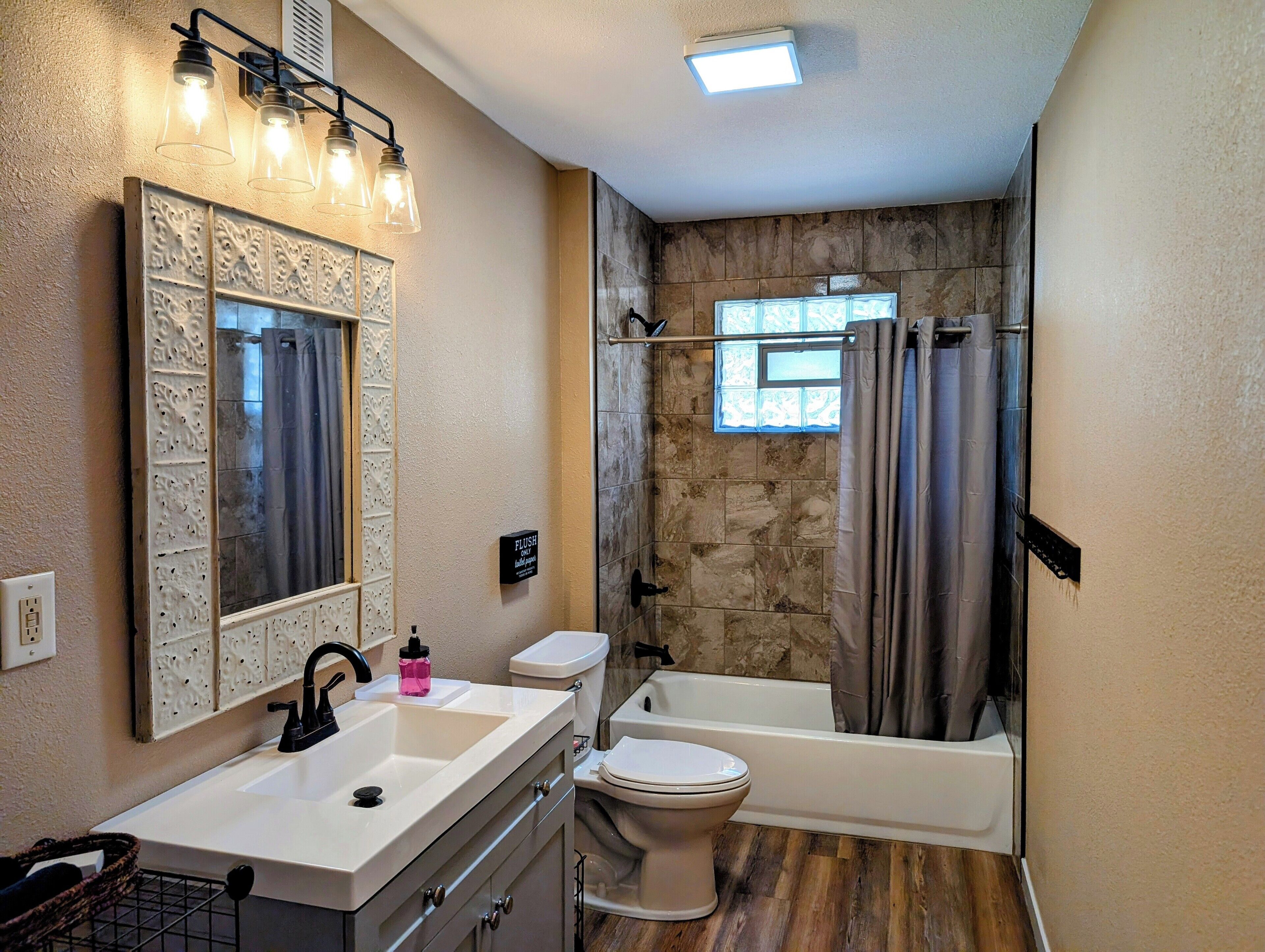 Hair dryer, towels, soap, shampoo