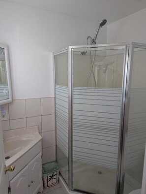Regadera, secadora de cabello, toallas, papel de baño 