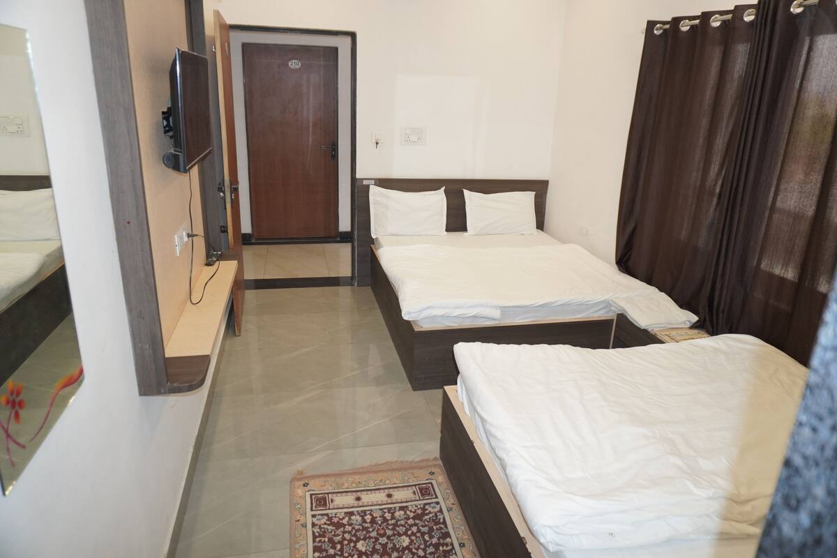 Habitación de hotel con dos camas, un televisor, una puerta y una alfombra pequeña.