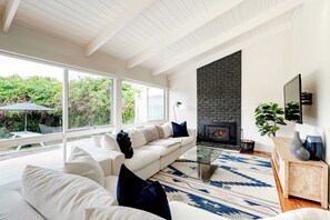 Télévision, cheminée, livres