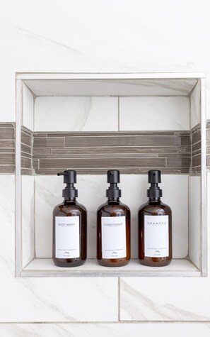 Hair dryer, towels, soap, shampoo