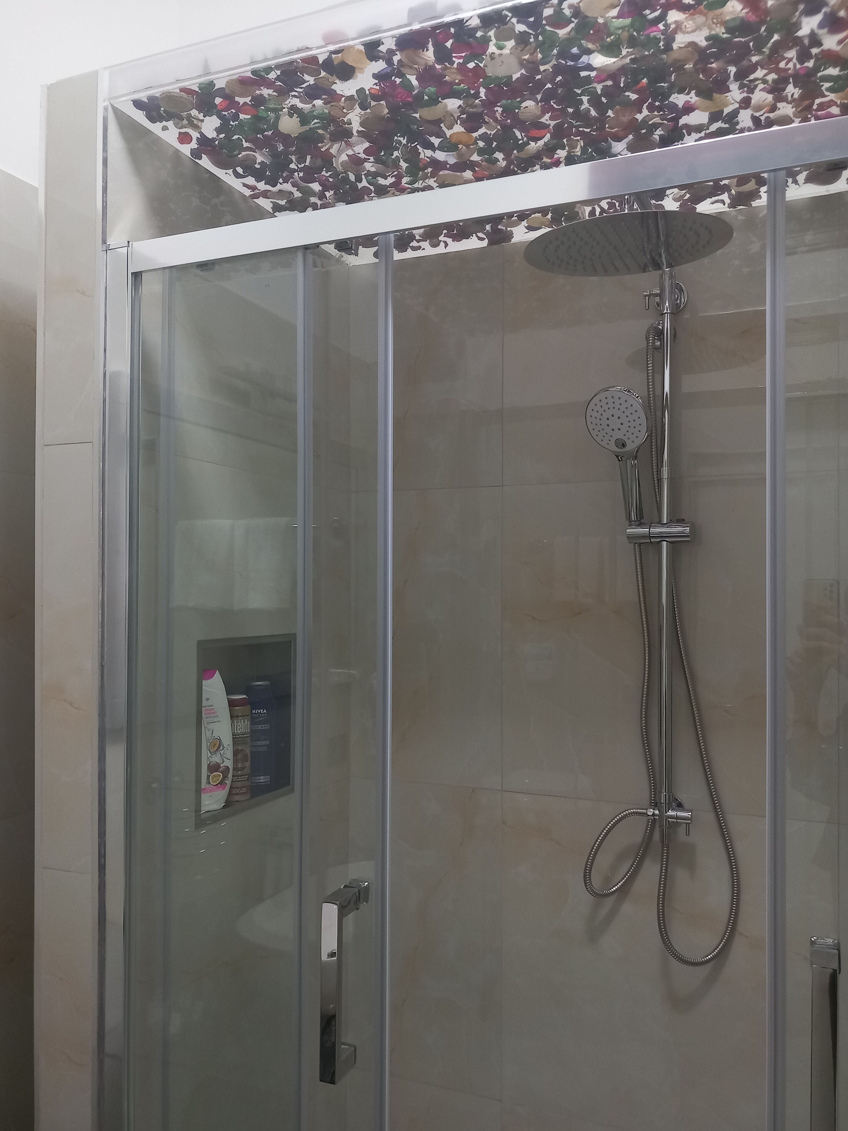 A glass-enclosed shower with a handheld showerhead and a wall-mounted rain showerhead.