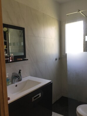 Hair dryer, towels, soap, toilet paper