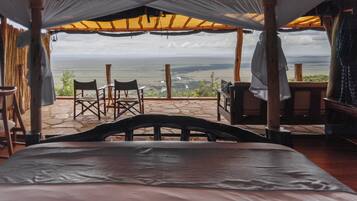 Desk, laptop workspace, blackout drapes, iron/ironing board