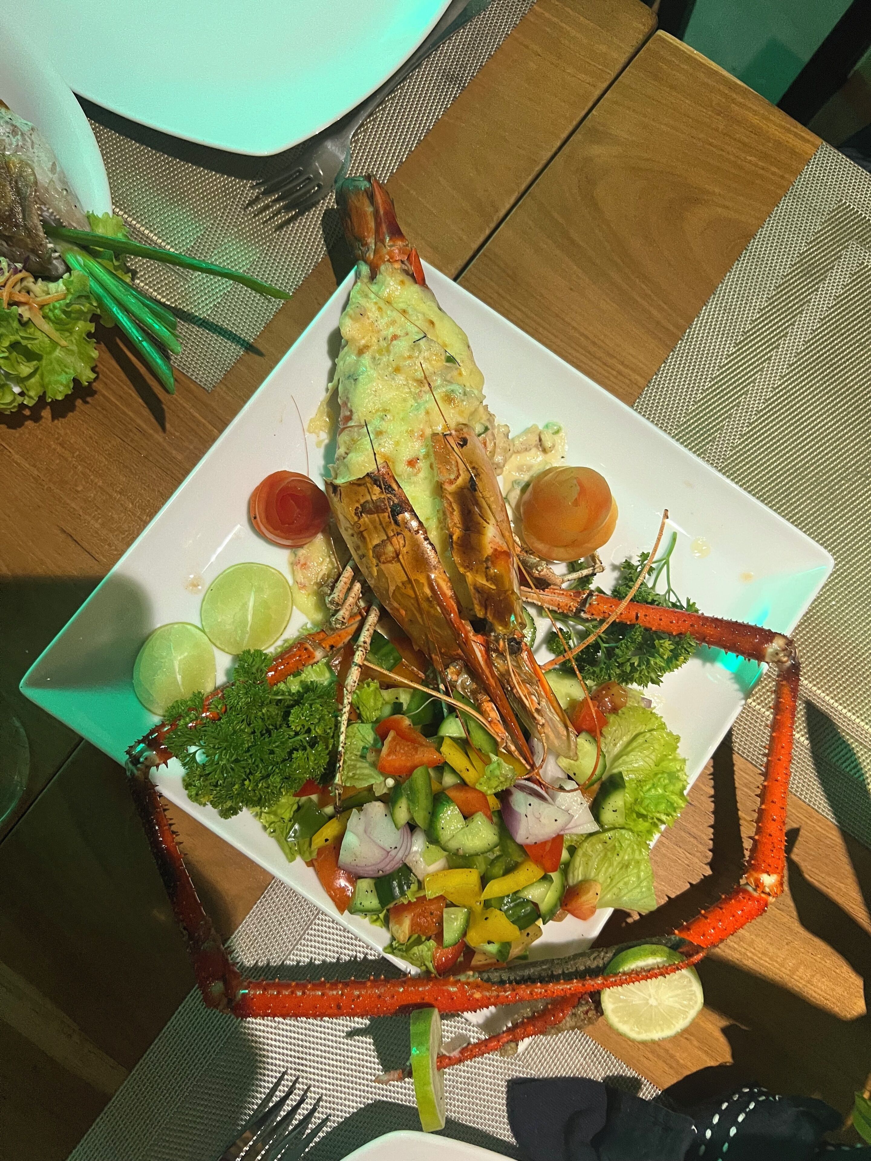 A seafood dish with a lobster tail, vegetables, and a side salad on a square plate.