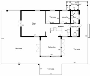 Plano de planta de un hotel que muestra varias habitaciones, incluyendo una terraza, una suite con spa y una zona de cocina.