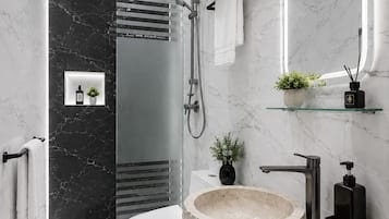 Separate tub and shower, slippers, bidet, towels