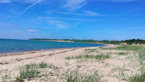 Een strand met heldere lucht, een zandrijk strand en veraf gelegen groen.
