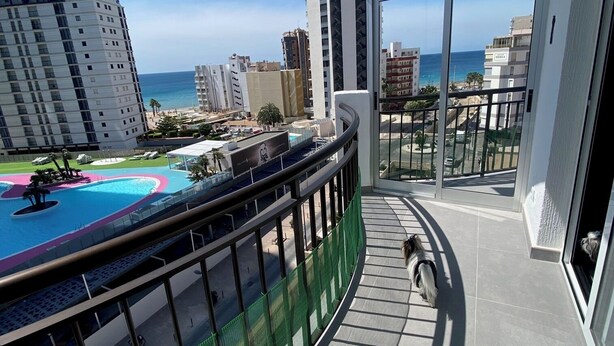 En balkon med udsigt over en swimmingpool og havet.