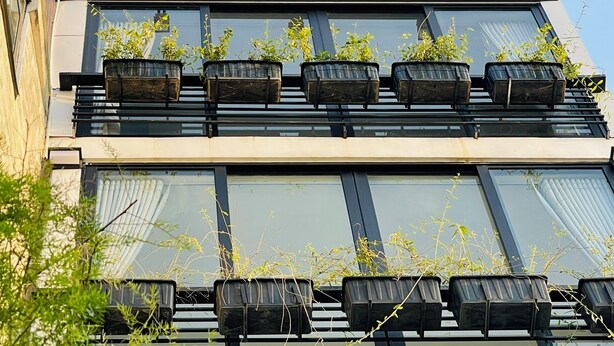 A hotel with a modern facade, featuring a prominent sign with the name "Hotel" and multiple planters with greenery on the balcony. - Ben Ben Hotel (Xuan Huong - Da Lat)