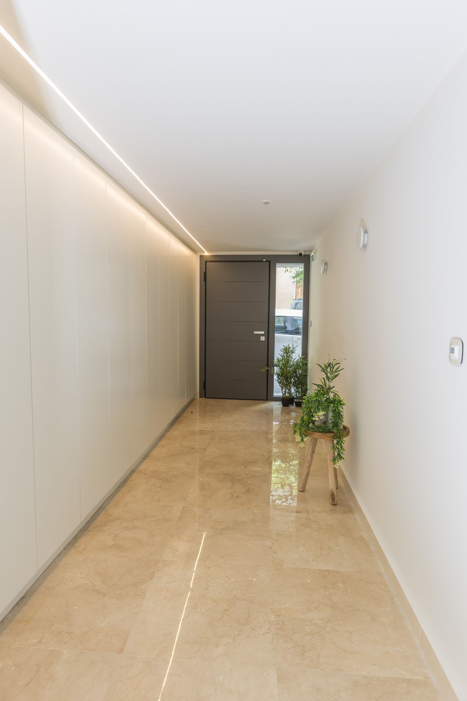 A hallway with a marble floor, a door at the end, and a potted plant on the right.