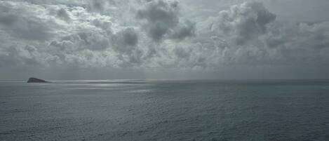 A coastal view with a body of water and a distant island.