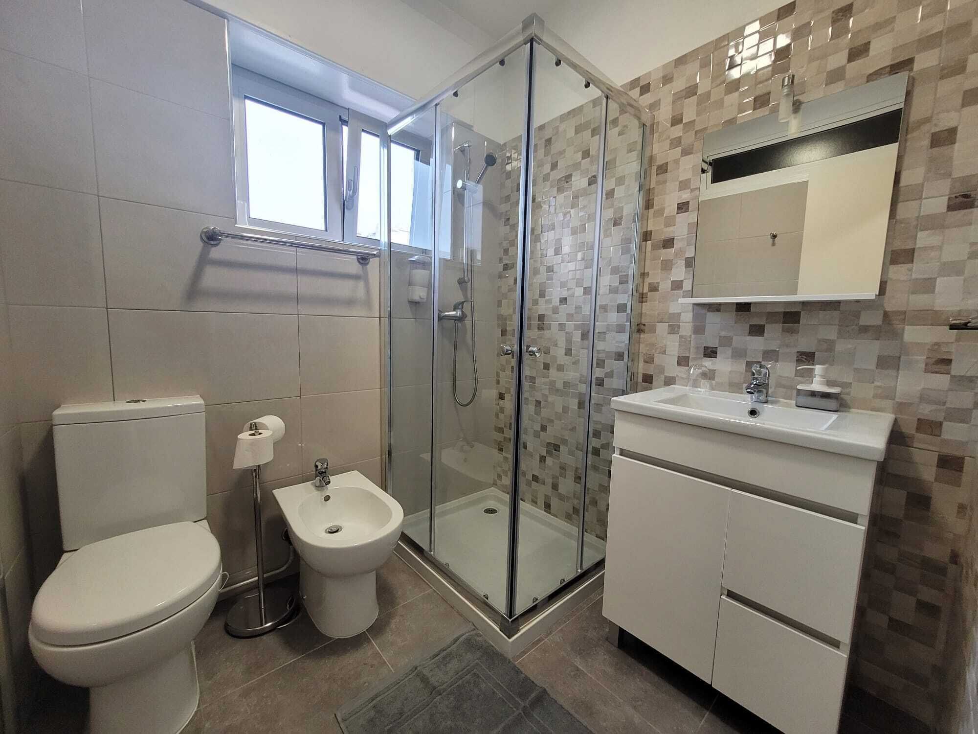 Shower, hair dryer, bidet, towels