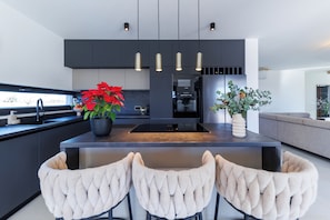 A modern kitchen with a central island, pendant lighting, and two potted plants. - Luxury Villa Podversie with pool (Debeljak)
