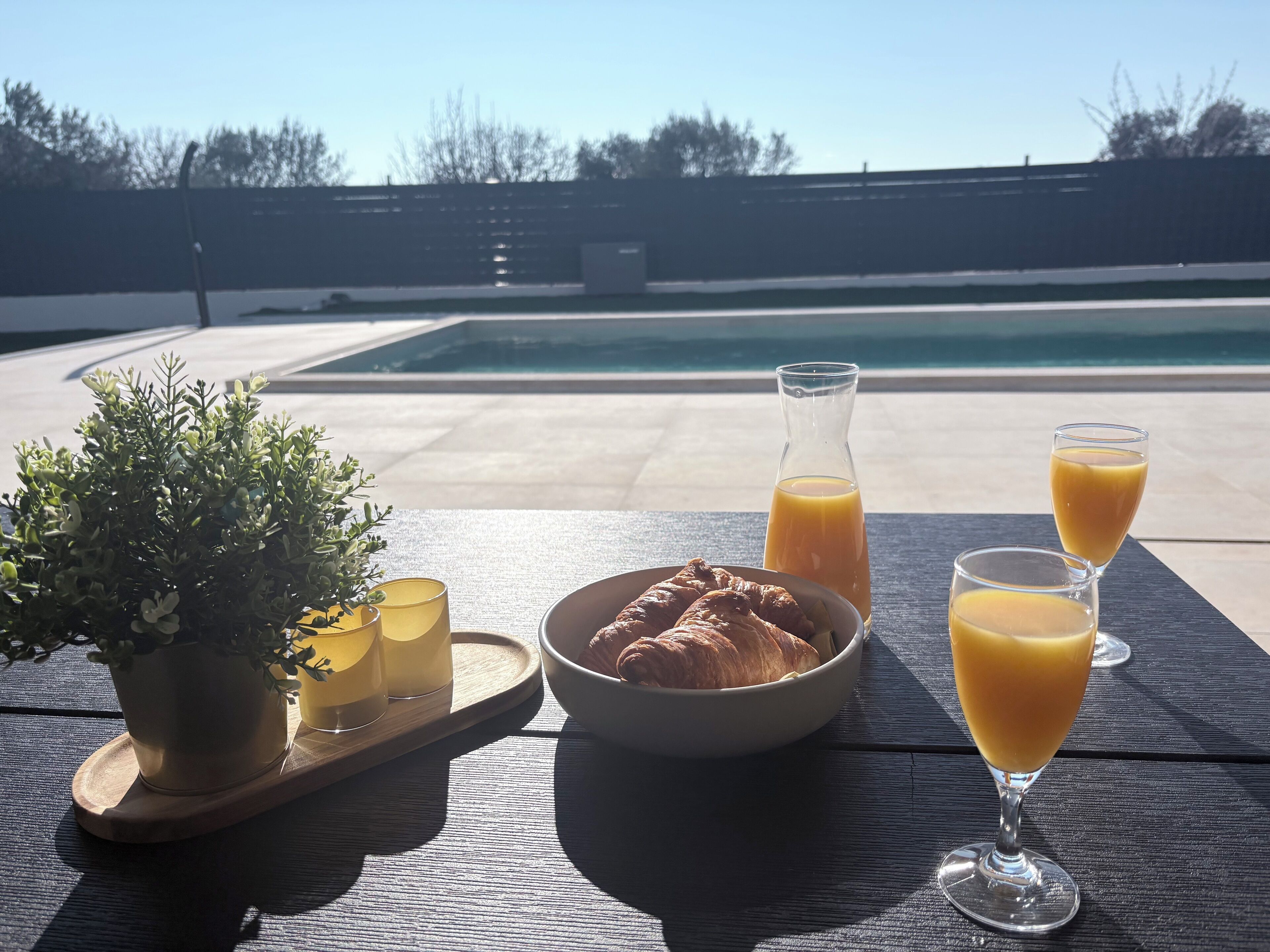A breakfast setup with croissants, juice, and a potted plant on a wooden table by a pool.