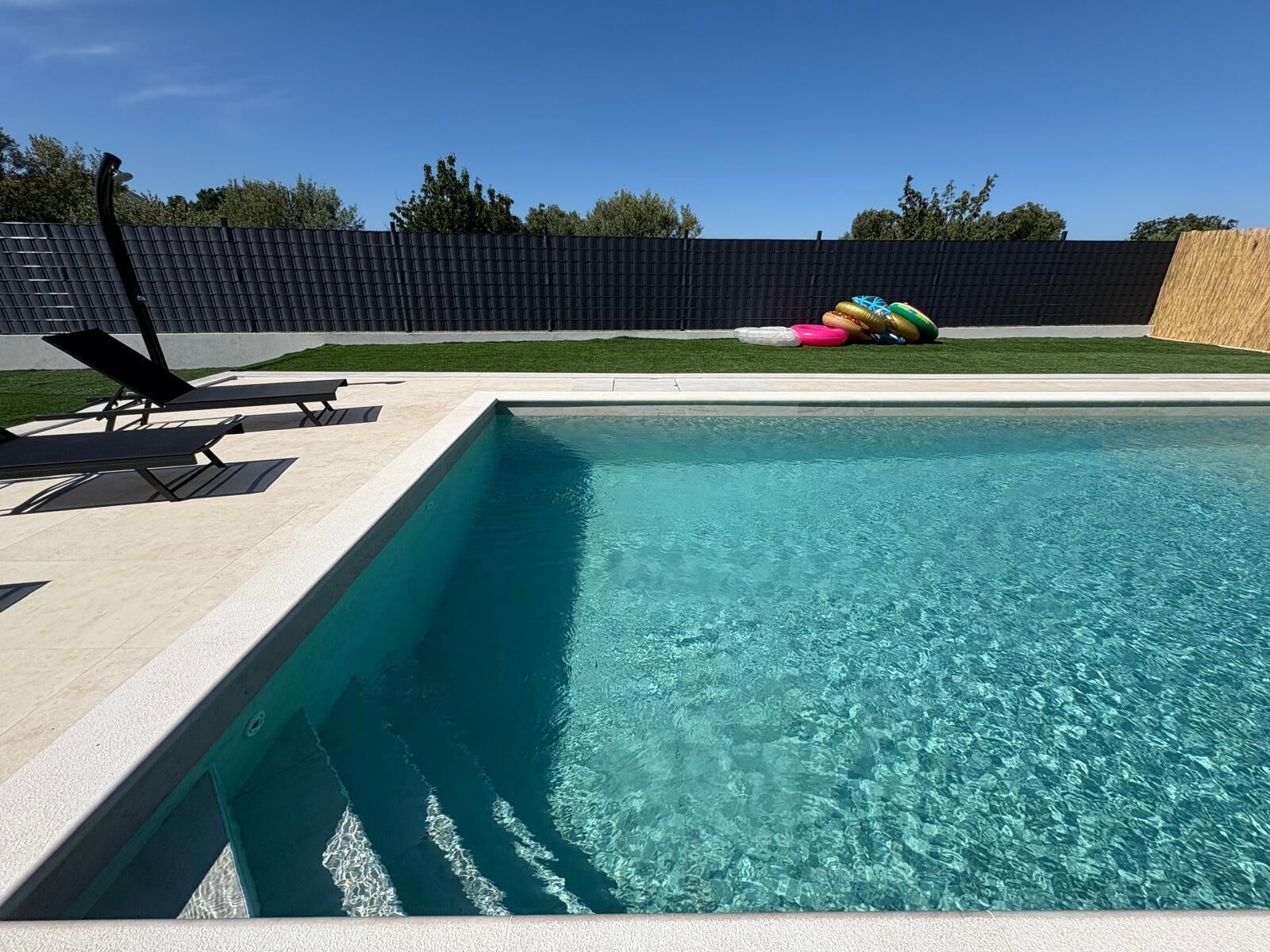 Outdoor pool, pool umbrellas, pool loungers