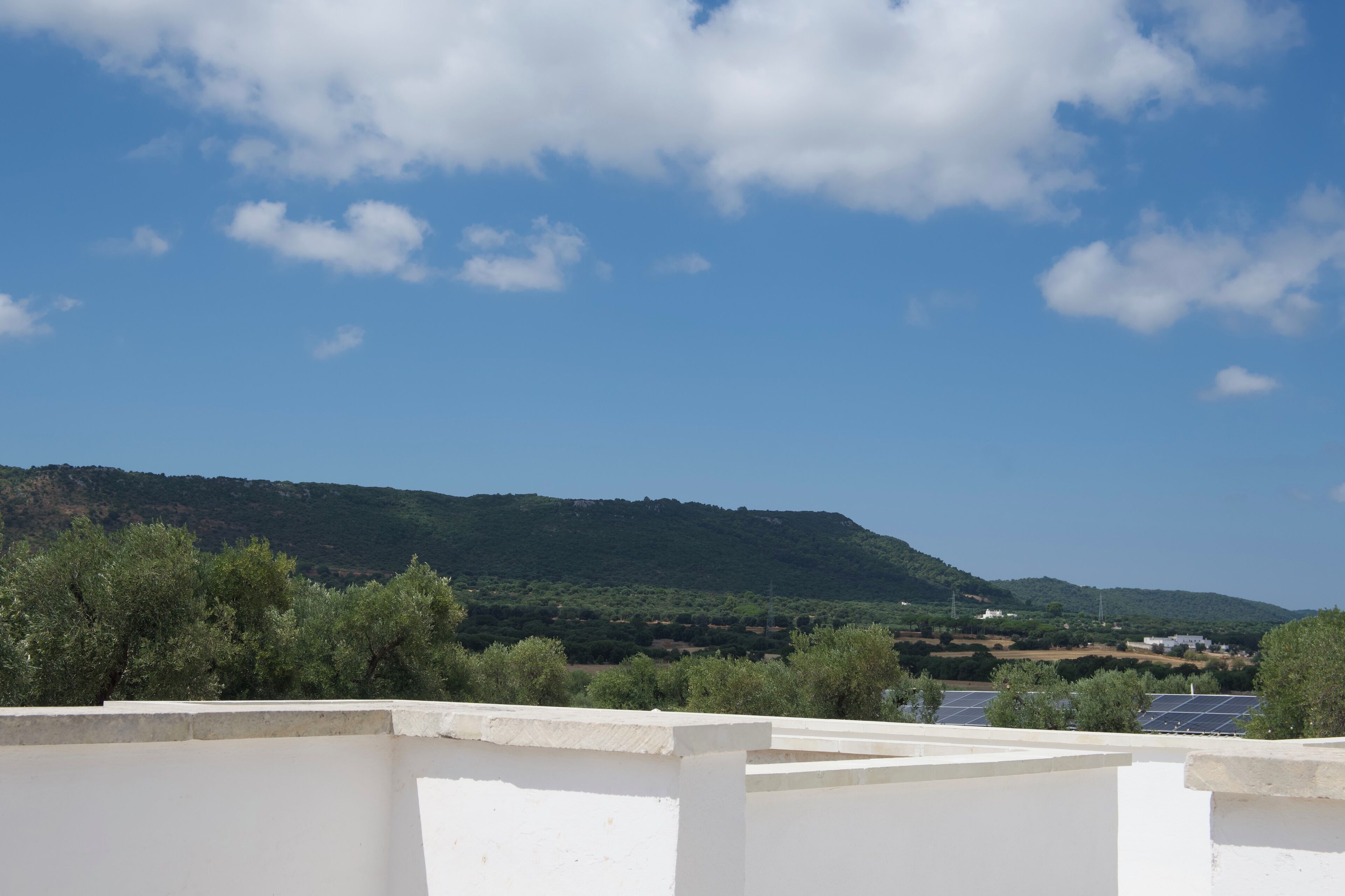 A rooftop with a view of a green hillside, solar panels, and a clear sky.