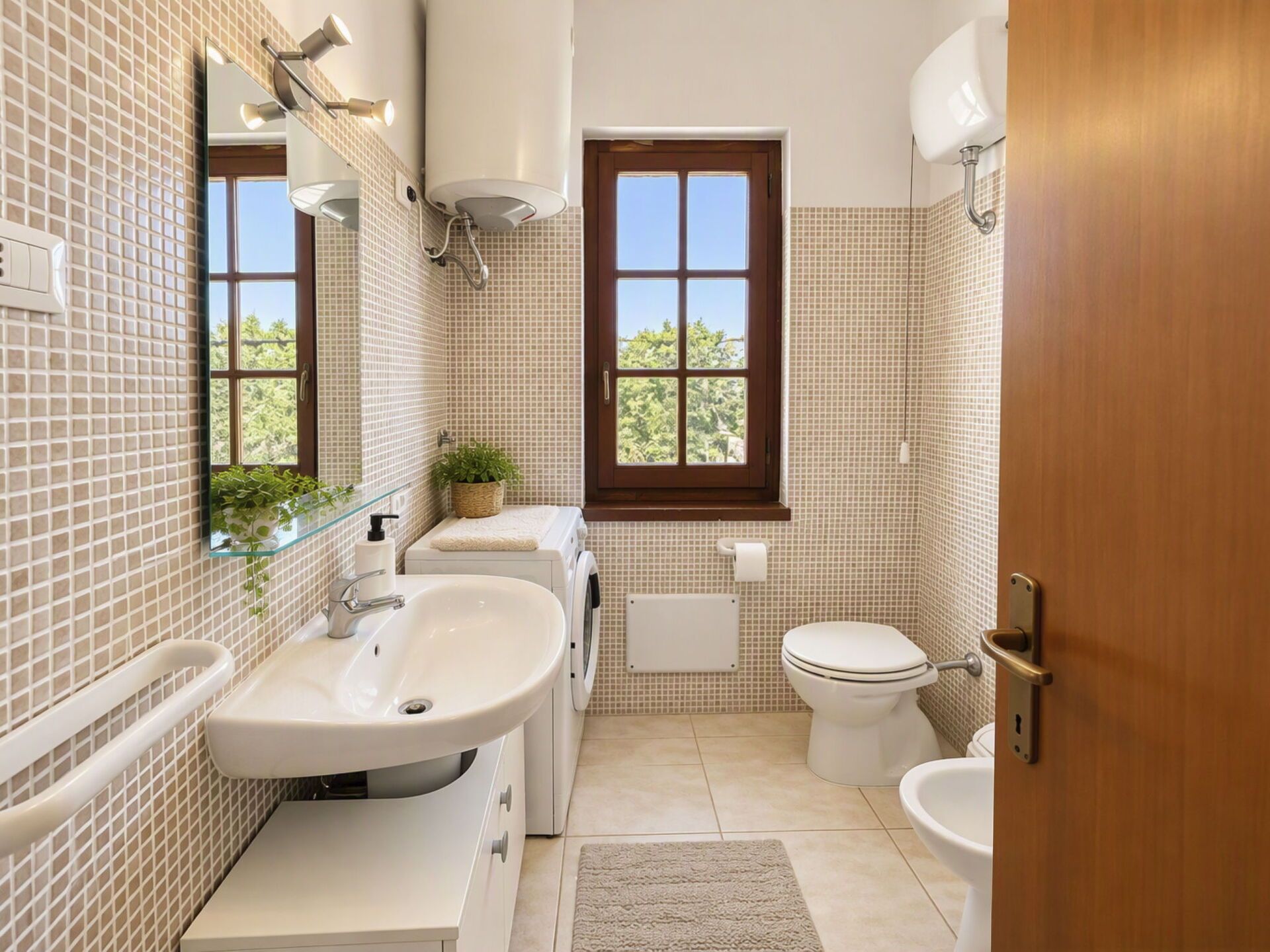 A bathroom with a large sink, a toilet, a window, and a mirror.