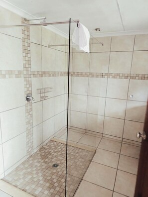 A glass-enclosed shower stall with tiled walls and floor, a showerhead, and a towel hanging on the door. - Kruger Island Resort (White River)