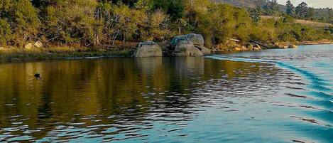 Un río tranquilo con aguas cristalinas que reflejan la vegetación y rocas circundantes.