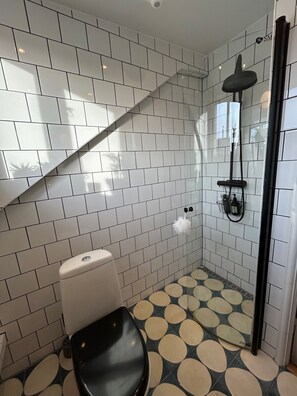 Shower, towels, soap, toilet paper