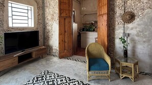 Une pièce avec un mur en pierre, une porte en bois, un téléviseur, un fauteuil en osier et une petite table sur laquelle est posé un vase.