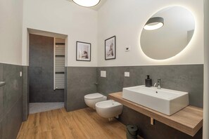 Chuveiro, secador de cabelo, toalhas de banho 