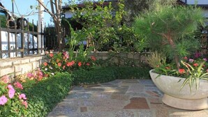 A stone pathway leading to a building, surrounded by lush greenery and flowering plants. - Charming Apartment in Umag With Balcony (Umag)